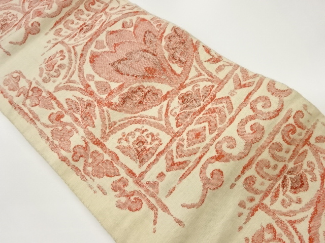 手織り真綿紬丸文に抽象草花模様織出し名古屋帯